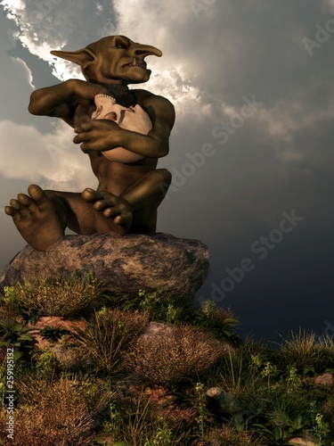 A little goblin with green skin sits on a pile of rocks and eats from a skull like it's a bowl.  The fantasy monster looks to the side with a sneer.  3D Rendering photo
