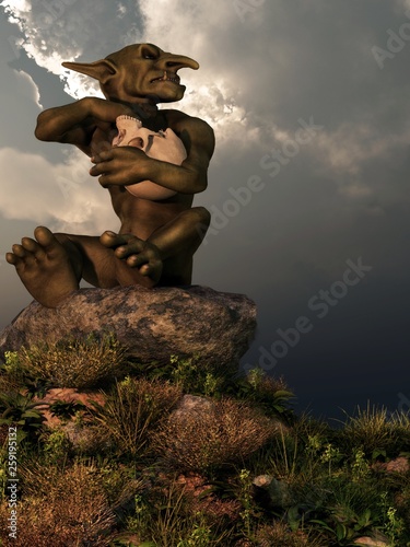 A little goblin with green skin sits on a pile of rocks and eats from a skull like it's a bowl. The fantasy monster looks to the side with a sneer. 3D Rendering