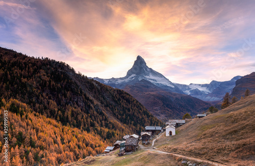 Village of Findeln by Matterhorn at sunset in Zermatt photo