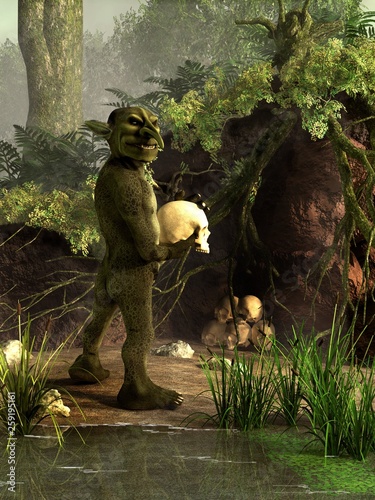 A sinister green goblin glances back at you with a skull in its hands. It stands by a washed out area by a pond where it keeps its collection of victim's skulls. 3D Rendering