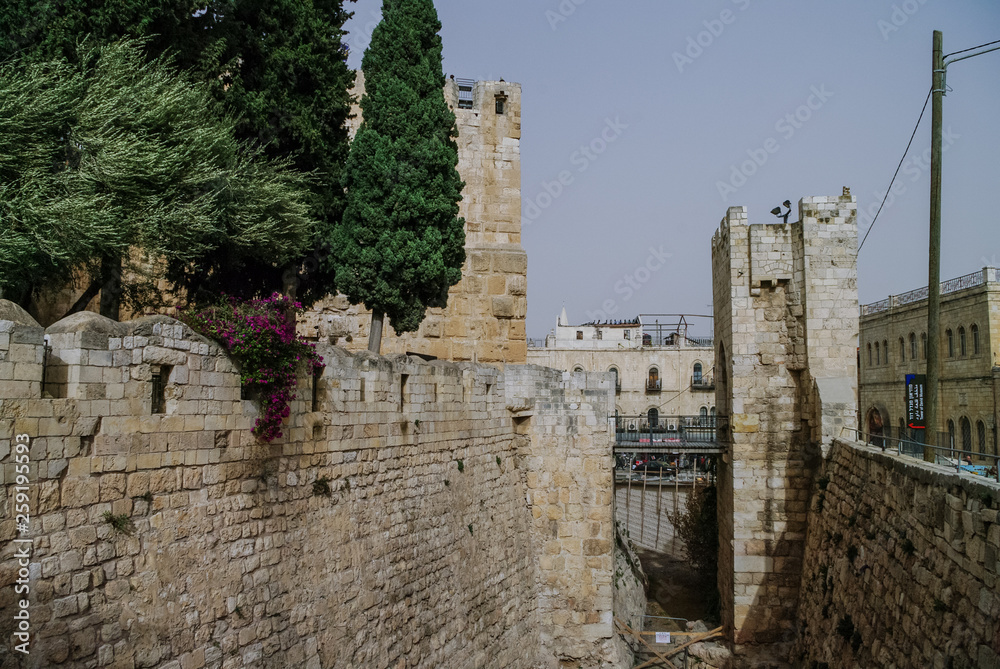 Gates in Jerusalem citadel and Tower of David  in sandstorm. Israel