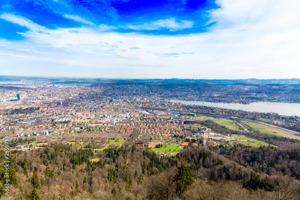 View from the Uetliberg mountain of Zurich city and lake