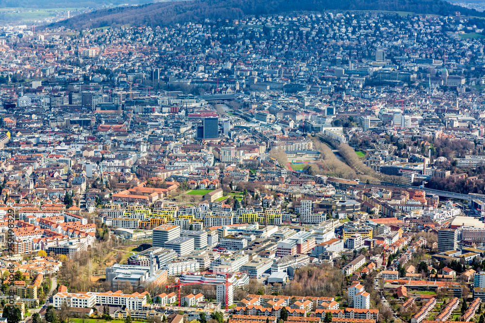 Panorama of Zurich city from the Uetliberg mountain 