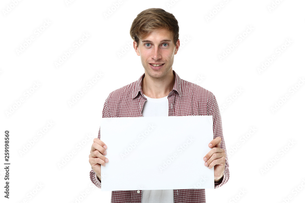 Beautiful young man holding blank board on white background Beautiful young man holding blank board on white background