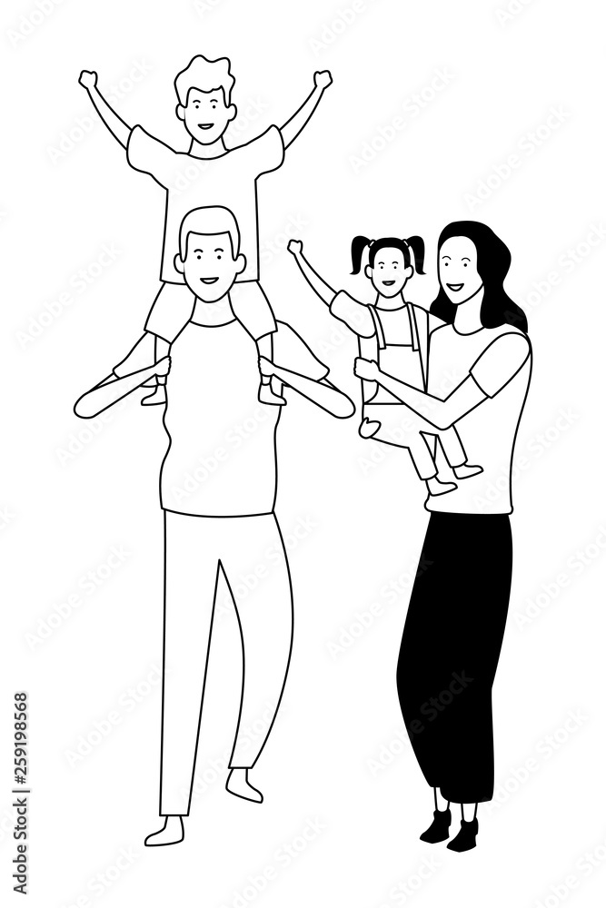 Family with kids cartoons in black and white Family with kids cartoons in black and white