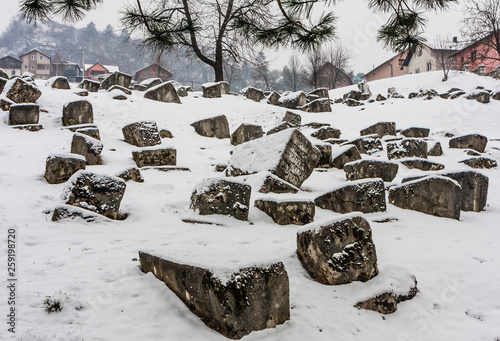 The Damaged OId Jewish Cemetery during siege of Sarajevo by Serbs. The second largest Jewish cemetery in Europe after Prague’s Old Jewish Cemetery photo