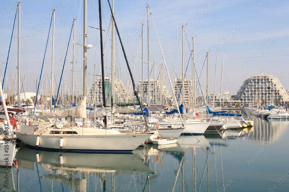 The marina of la Grande Motte in Herault, a seaside resort of the Languedoc coast and leisure centre near Montpellier in France