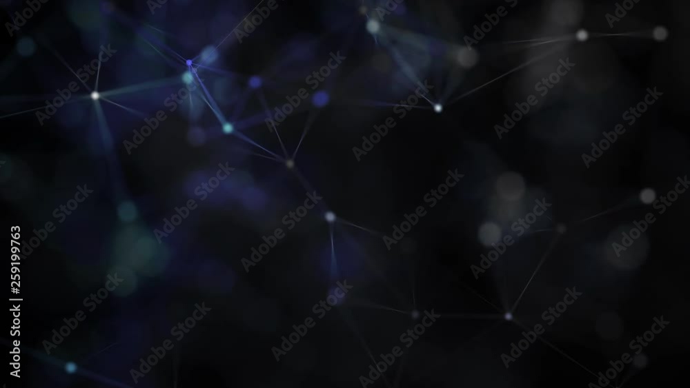Bokeh. Blurred. Geometric pattern with connected lines and dots. Cybernetic dots. Lines plexus. Action. Animation. 4K.