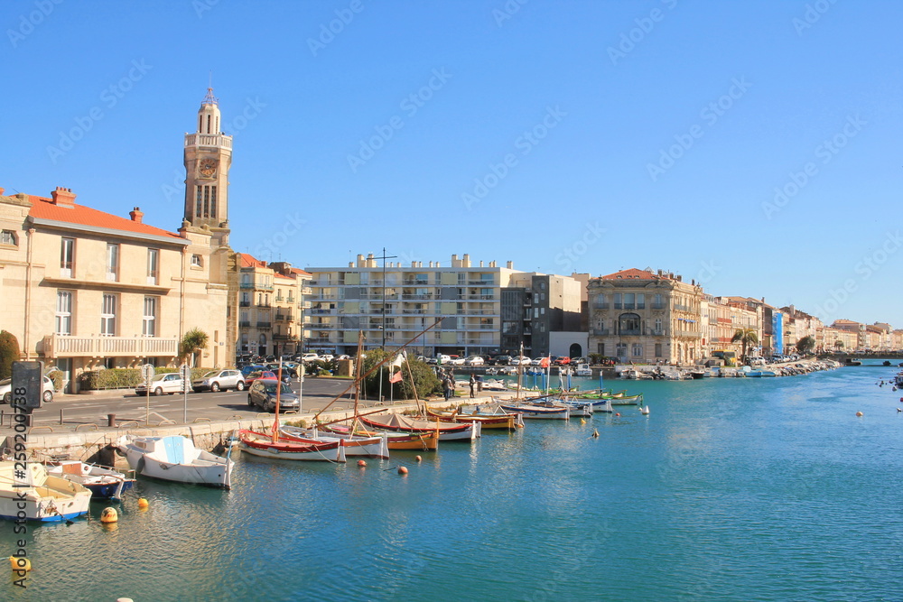 Traditional boats on the royal canal in Sete, the Venice of Languedoc and the singular island in the Mediterranean sea, Herault, Occitanie, France