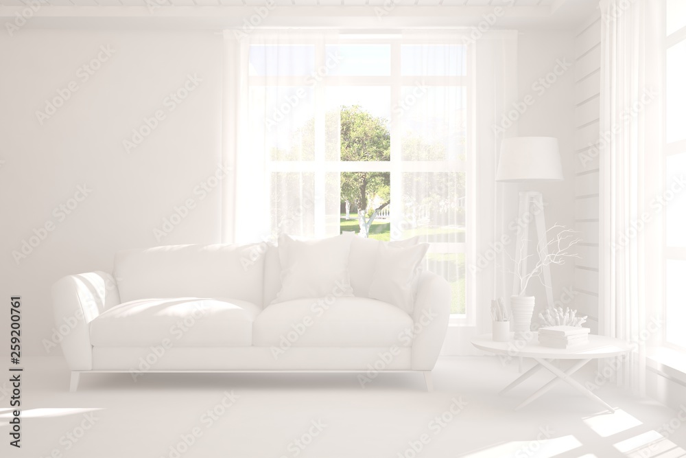 Stylish room in white color with sofa and green landscape in window. Scandinavian interior design. 3D illustration Stylish room in white color with sofa and green landscape in window. Scandinavian interior design. 3D illustration