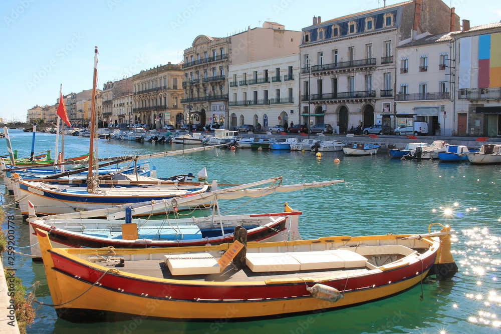 Traditional boats on the royal canal in Sete, the Venice of Languedoc and the singular island in the Mediterranean sea, Herault, Occitanie, France