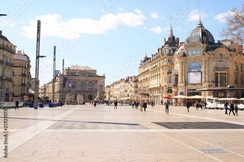 Comedy square in Montpellier, its opera and the three graces fountain, France