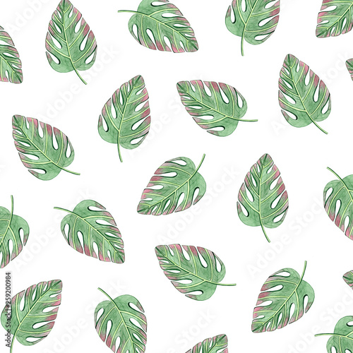 Watercolor botanical illustration. Seamless pattern. Green leaves. Hand drawn illustration