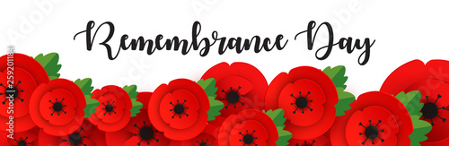 Remembrance, Anzac Day web header. Poppies flowers. Memorial banner, card.