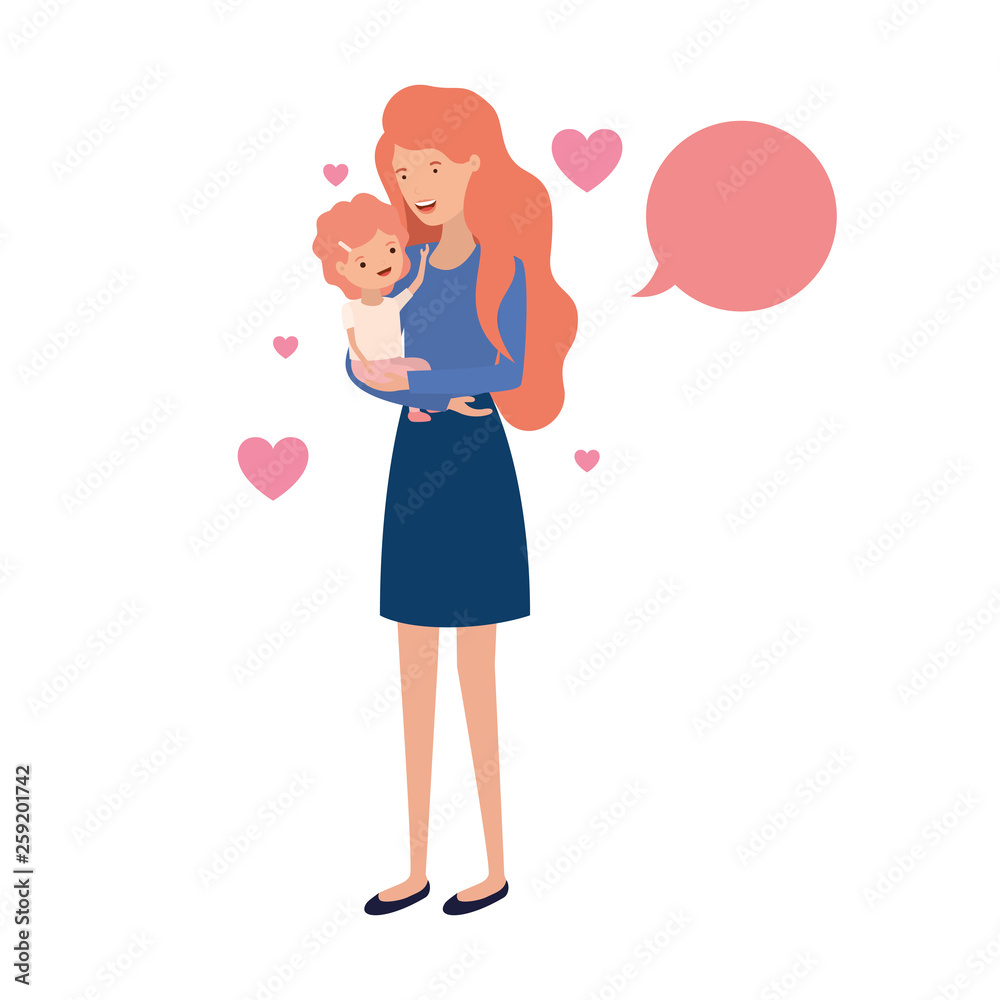 woman with baby and speech bubble avatar character woman with baby and speech bubble avatar character
