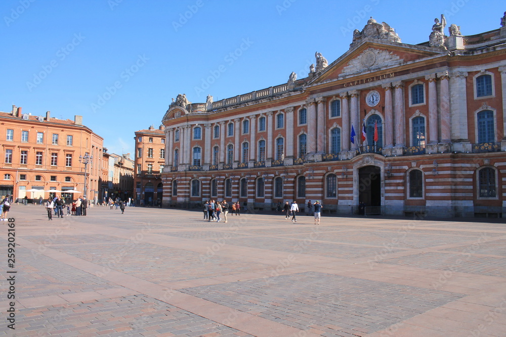 Toulouse central square and the emblematic and majestic Capitole, a town hall and theatre in the heart of the pink city, the  major city of Southwestern France and historical capital of Languedoc