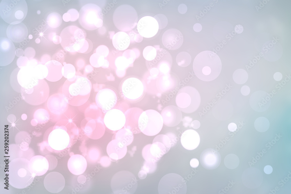 Abstract gradient of pink blue pastel light background texture with glowing circular bokeh lights and stars. Beautiful colorful spring or summer backdrop.