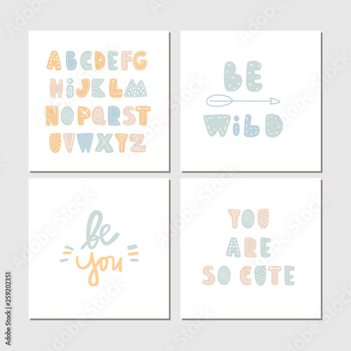 Colored Collection of cute children lettering cards with phrases and words. Perfect for nursery posters. Vector illustration