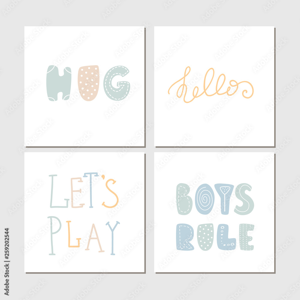Colored Collection of cute children lettering cards with phrases and words. Perfect for nursery posters.