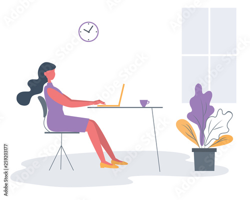 Office worker in the workplace. Young woman is sitting at the desk in the office room. Business icon. There is a laptop, a cup, a clock and a flower in the picture. Funky flat style. Vector