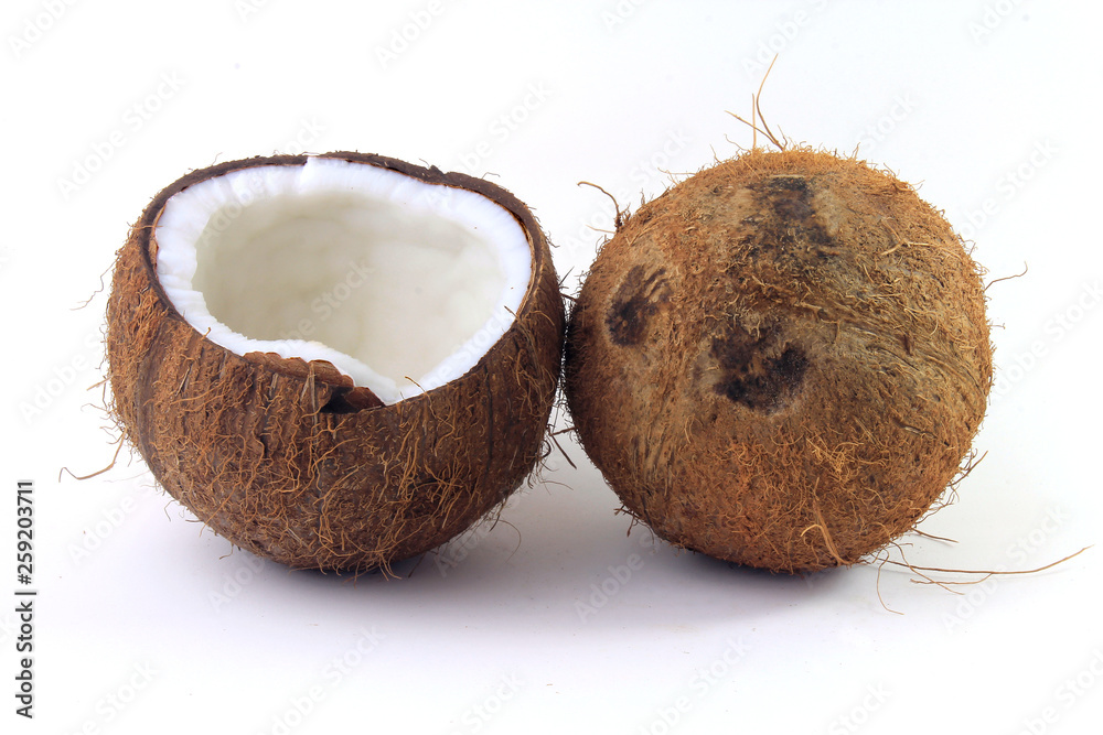 fresh coconut cut in half isolated on white background fresh coconut cut in half isolated on white background