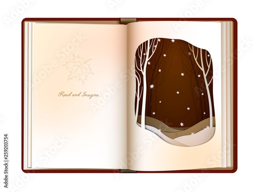 reading and imagination concept, when you read the book you imagine, vintage empty book page