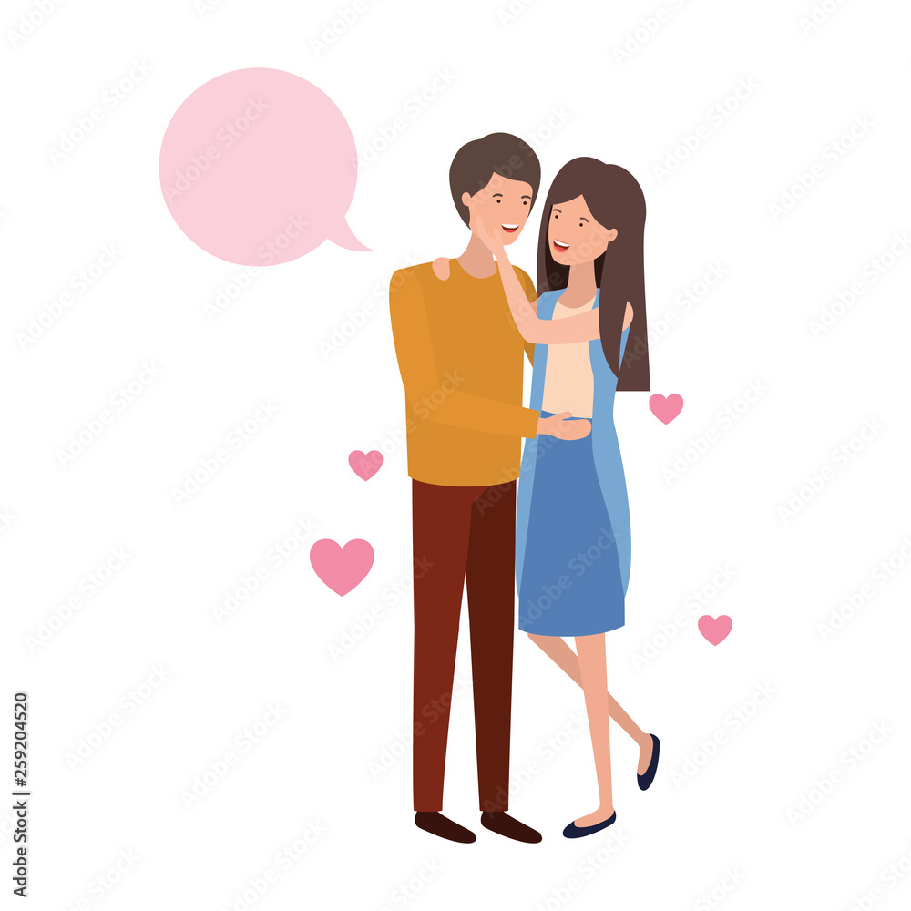 young couple with speech bubble avatar character young couple with speech bubble avatar character