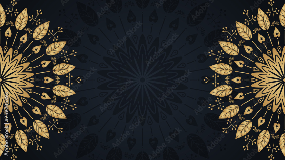 Gold mandala template background with place for text. Vector floral illustration