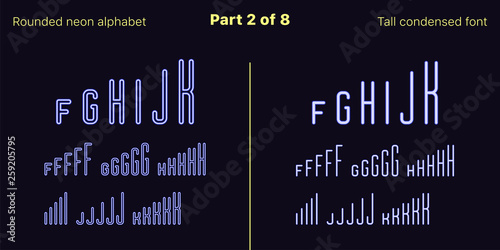 Condensed blue neon font, Rounded. Vector set