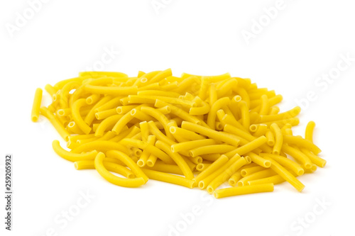 raw pasta, maccheroni on white background