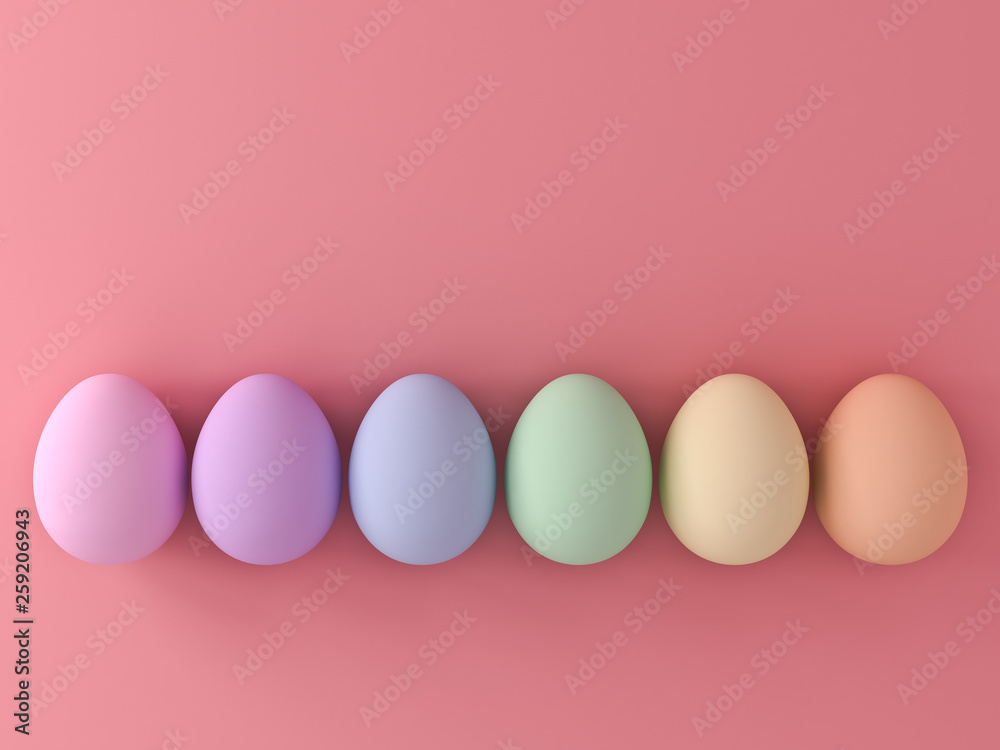 Colorful Easter eggs on pink pastel color background with shadows 3D rendering