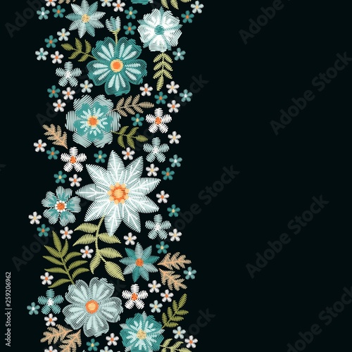 Embroidery seamless border with beautiful blue wild flowers. Vector template for cards with place for text.