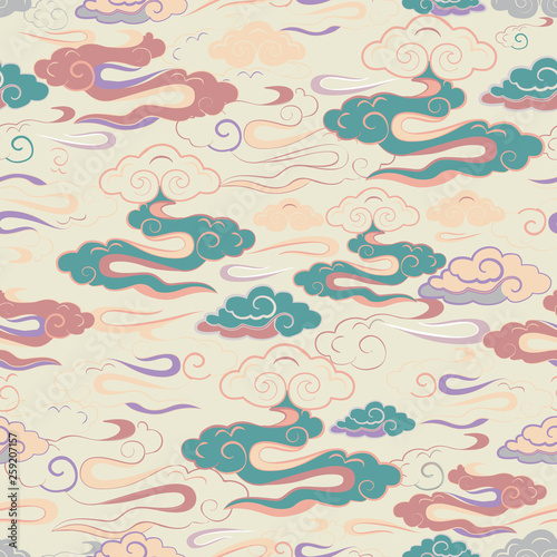 Vector Illustration of stylized, abstract purple, lilac, pink, cream and yellow clouds resembling dragon tails. Ideal for fabric, wallpaper and home decor.