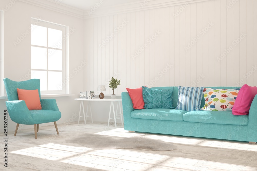 Obraz premium White stylish minimalist room with colorful furniture. Scandinavian interior design. 3D illustration