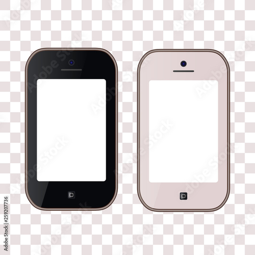 Smartphones realistic in black and white color, with a blank screen. Mockup for placing your content. Isolated on white background.