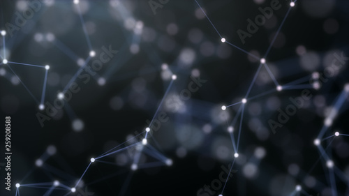 Snow-white abstract technology and caliginous background with plexus elements and depth of field settings. 3D rendering.