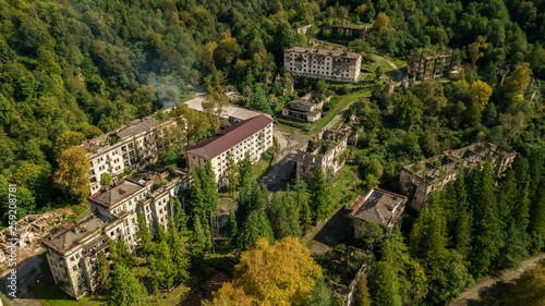 An abandoned city, a Ghost town, Akarmara. Aerial view. Located near Tkvarcheli. Abkhazia. Georgia.