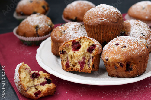 Black currant muffins in a plate on a pink background