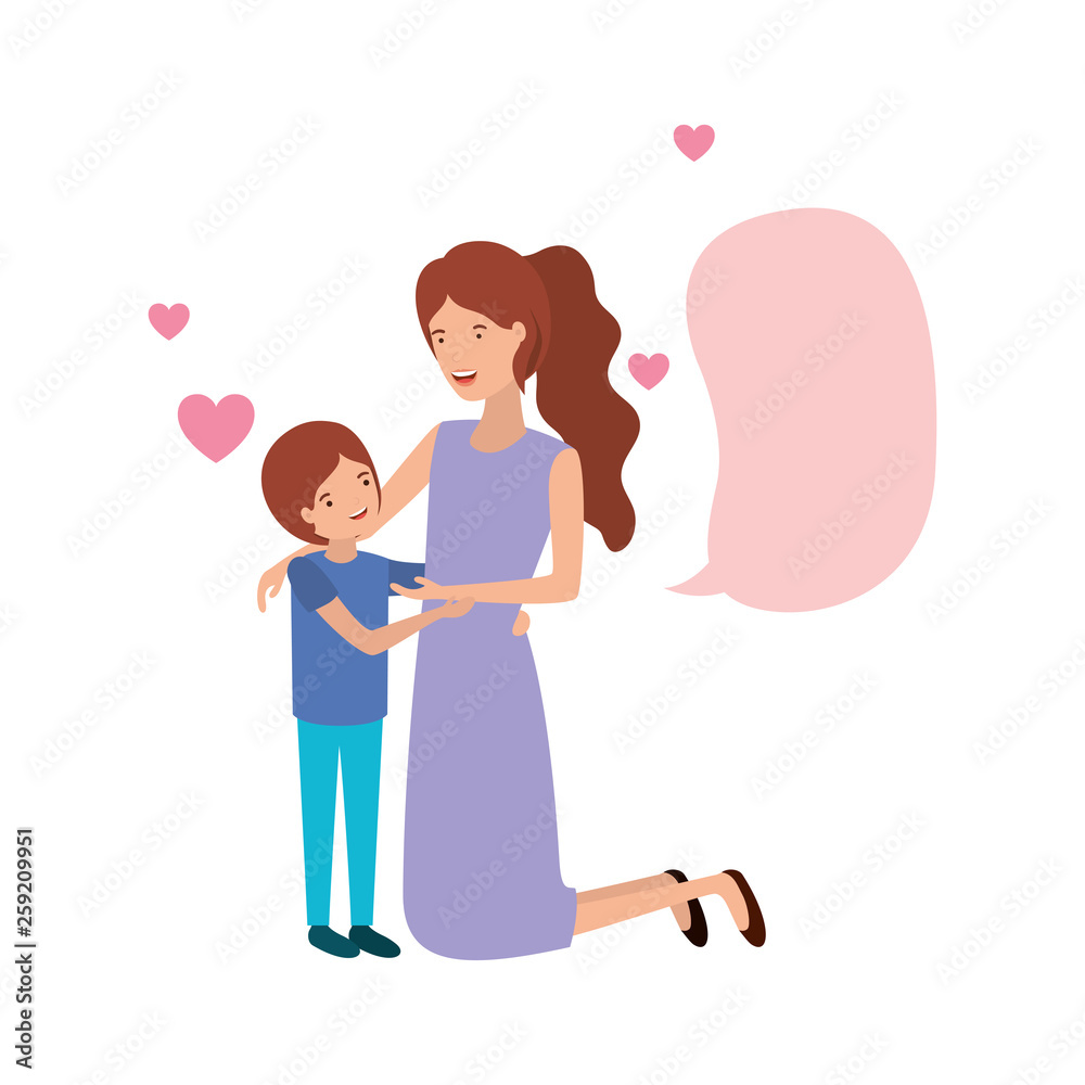 woman with son and speech bubble avatar character woman with son and speech bubble avatar character