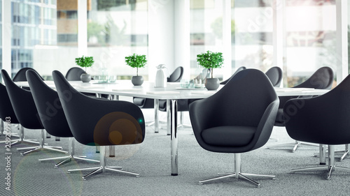 Photos 3d Rendering von Konferenztisch und Stühlen oder Sessel für Teilnehmer der Führu