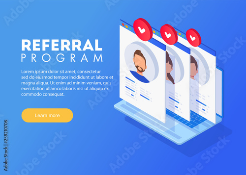 Isometric Referral marketing, network marketing, referral program strategy, referring friends, business partnership, affiliate marketing concept.