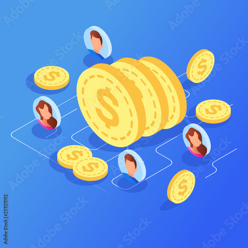 Isometric Referral marketing, network marketing, referral program strategy, referring friends, business partnership, affiliate marketing concept.
