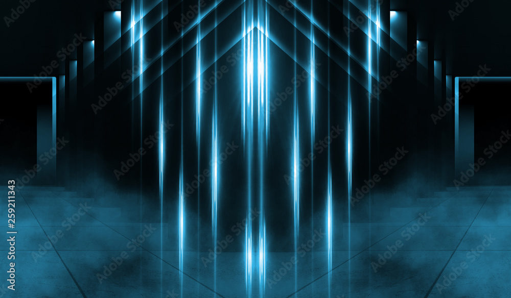 Fototapeta premium Background of empty room with concrete pavement. Spotlight, neon