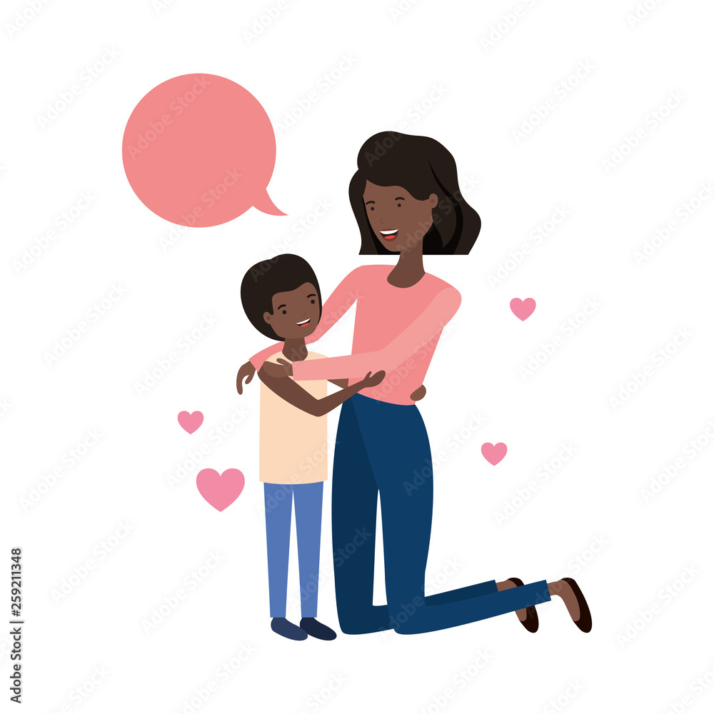 woman with son and speech bubble avatar character woman with son and speech bubble avatar character