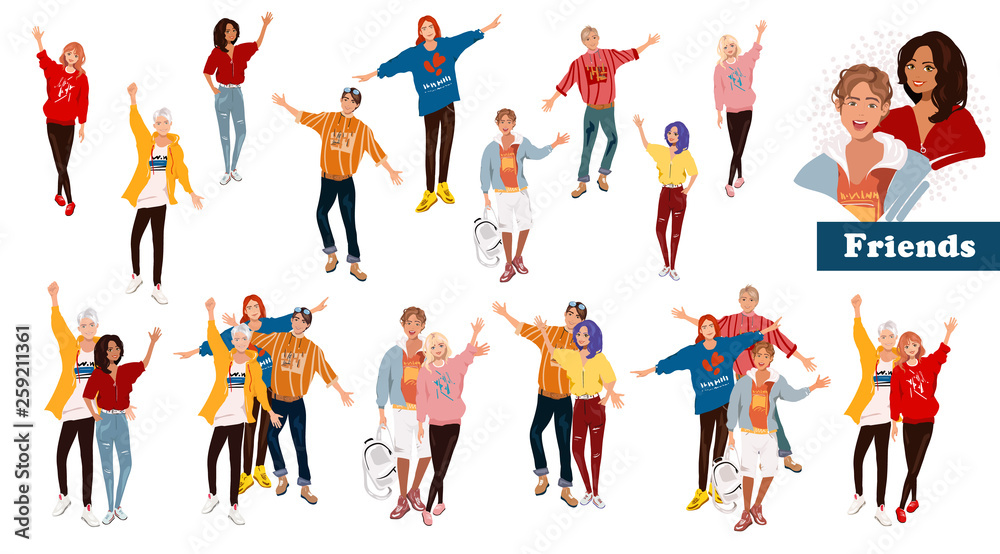 Vector illustrations, group portrait of smiling friends standing together. Set Fashion teenage boys and girls embracing each other. Happy people isolated on white background. Detalized cartoon