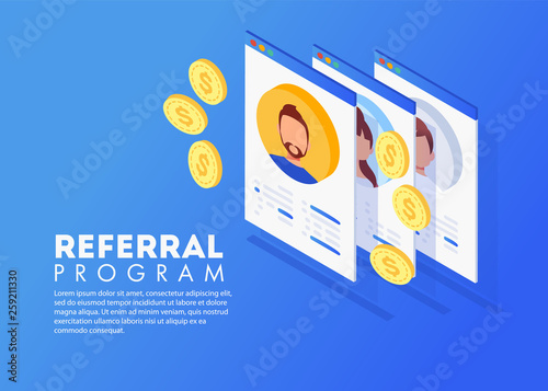 Isometric Referral marketing, network marketing, referral program strategy, referring friends, business partnership, affiliate marketing concept.