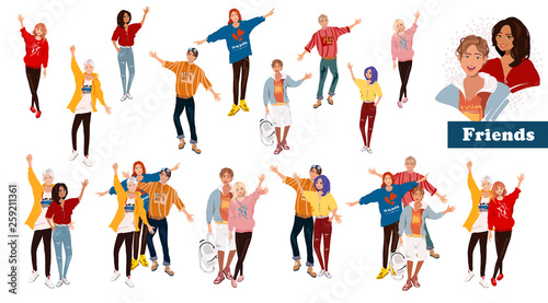 Vector illustrations, group portrait of smiling friends standing together. Set Fashion teenage boys and girls embracing each other. Happy people isolated on white background. Detalized cartoon