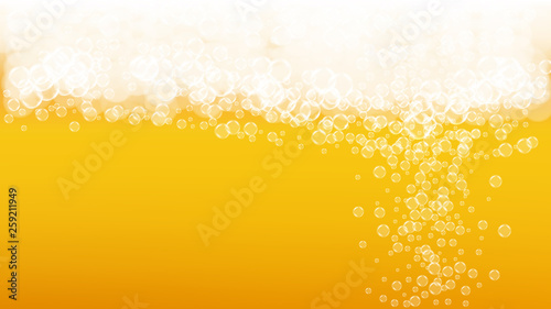 Lager beer. Background with craft splash. Oktoberfest foam. Cold pint of ale with realistic white bubbles. Cool liquid drink for restaurant banner concept. Golden bottle with lager beer.