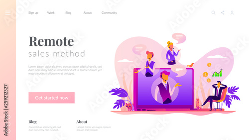 Virtual sales, remote sales method, virtual sales team and assistants concept. Website homepage interface UI template. Landing web page with infographic concept hero header image.