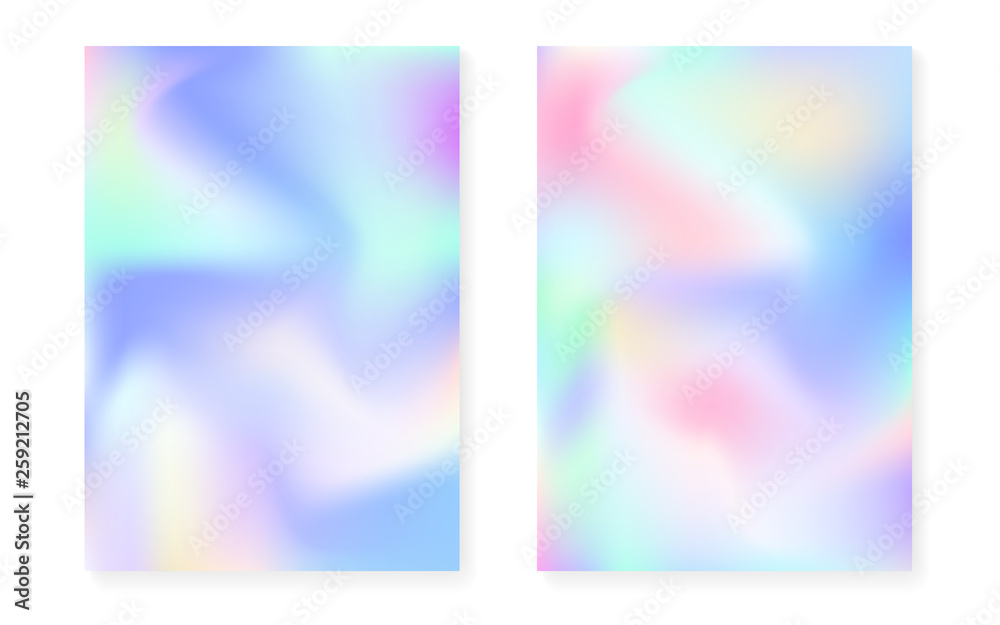 Holographic cover set with hologram gradient background. 90s, 80s retro style. Pearlescent graphic template for placard, presentation, banner, brochure. Retro minimal holographic cover.